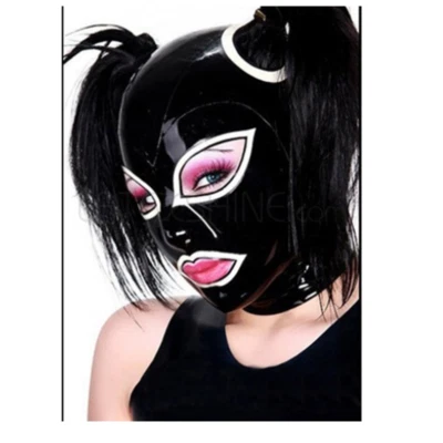 Black Latex Hood with White Trim Can Add Ponytail Wig Back Zipper Rubber Mask - Image 1 of 3