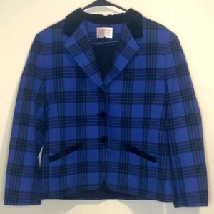 Vintage Pendleton Blue Plaid Virgin Wool Blazer Jacket Women's Size 10 Petite - Picture 1 of 4
