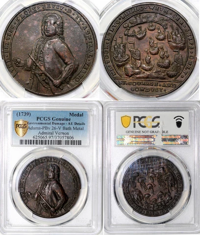 1739 Admiral Vernon Adams-PBv 26-V Bath Medal PCGS AU DETAILS ENV DAMAGE Cover