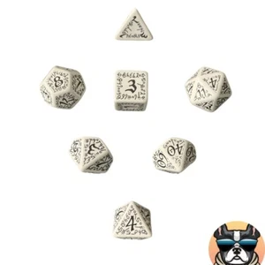 7 PC Elvish Polyhedral Dice Set D&D RPG- Classic White w/ Black No.'s- w/ Pouch - Picture 1 of 5
