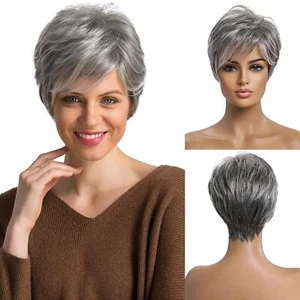 Grey Pixie Wig Set Remy Human Hair Blend Lightweight Heat Friendly 2 Piece - Picture 1 of 9