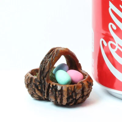 Hand Carved Black Walnut Shell EASTER BASKET w/3 Eggs - Tiny Dollhouse Miniature - Image 1 of 3