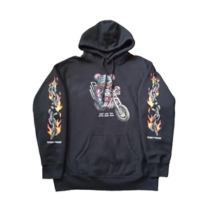 Teddy Fresh Hoodie Mens Large Black Biker Bear Tea With Your Mom Sleeve Flames - Picture 1 of 17