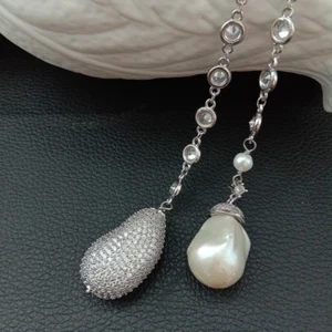 49" White Keshi Pearl Cz Pave Chain Long Necklace - Picture 1 of 5