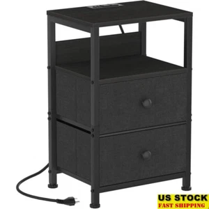 Nightstand W/ Charging Station USB Ports Fabric Drawers Storage Shelf Side Table - Picture 1 of 8