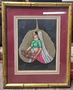 Vintage Hand-Painted Pipal Leaf Indian Woman Framed Oil Painting 7”x 5” - Picture 1 of 1