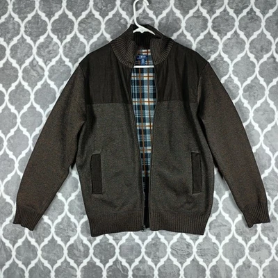 Izod 夹克男式中号棕色全拉链针织毛衣羊毛衬里格子内饰 — 第 1/4 张图片