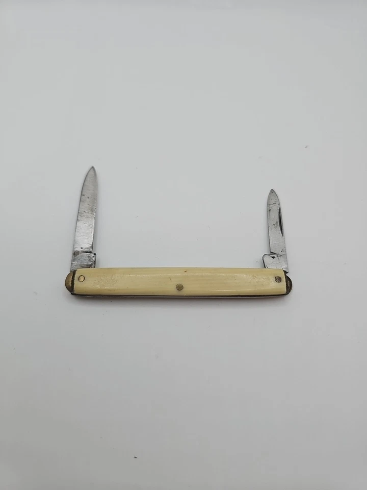 Navaja de bolsillo plegable vintage de 2 hojas con mango color marfil Foto 1 de 4