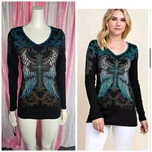 Vocal türkis Strass Kreuz & Flügel Langarm Thermo Top Größe Large neu mit Etikett - Bild 1 von 12