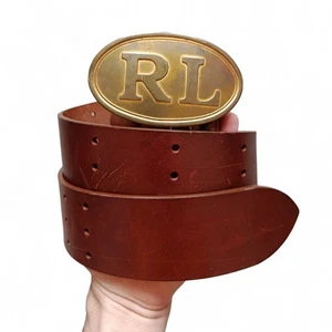 Polo Ralph Lauren Brown Vintage Leather Gold RL Logo Buckle Western Waist Belt - Picture 1 of 12