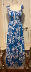 Maxi abito Soma morbido jersey Pacifico Palms blu maglia fumè reggiseno M nuovo con etichette $110 - Foto 1 di 3