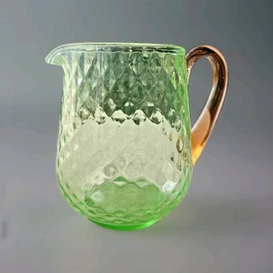 RARE VTG Tiffin Vaseline Glass Pitcher Diamond Optic Pink Handle Glow Watermelon - Picture 1 of 6