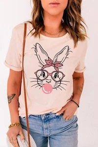 Pink Bunny Rabbit Graphic Round Neck Short Sleeve T-Shirt Medium - Picture 1 of 3
