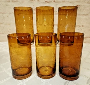 6 Etched Floral High Ball Hand Blown Glasses - Picture 1 of 7