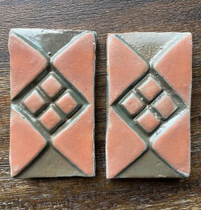 Mercer Moravian Tile Works GEOMETRIC Green Glaze Red Clay Art Tile Lot Of 2 - Picture 1 of 24