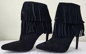 Just Fab Ameelia Black Suede High Heel Fringe Leather Boots Size 6.5 - Picture 1 of 23