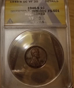 1946-S Lincoln Wheat Cent ANACS VF 30, Inverted MM FS-501, Details- Recolored? - Picture 1 of 11