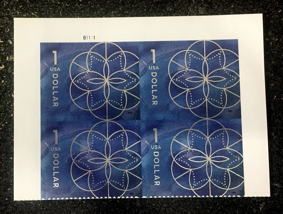 2024USA #5853 $1.00 Floral Geometry - Top Plate Block of 4 - Mint dollars blue - Image 1 of 1