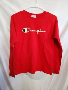 Champion Vintage Spellout Long Sleeve Shirt Red Flocked Lettering Adult XS 1990s - Picture 1 of 6
