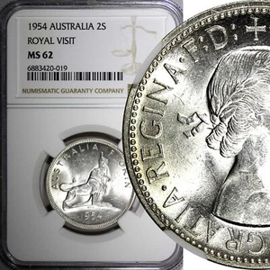 Australia Silver 1954 Florin NGC MS62 Royal Visit of Elizabeth II KM# 55 (019) - Picture 1 of 5