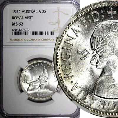 Australia Silver 1954 Florin NGC MS62 Royal Visit of Elizabeth II KM# 55 (019) - Image 1 of 4