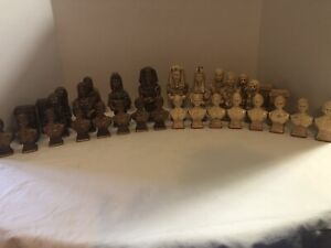 Vintage Glazed Ceramic  Egyptian Chess Pieces Set 32  Brown and Tan 6" Tall King