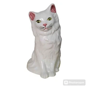 Vintage 7.5" Glazed Porcelain White Persian Cat with Green Eyes Made in Portugal - Picture 1 of 6