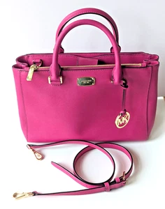 Michael Kors Kellen Saffiano Leather Satchel Raspberry Pink Medium Gold Logo - Picture 1 of 18