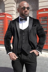 Herren Schwarz Samt Abendessen Anzug Smoking Dreiteiler Hochzeit Abschlussball Bräutigam Schwarze Krawatte - Bild 1 von 6