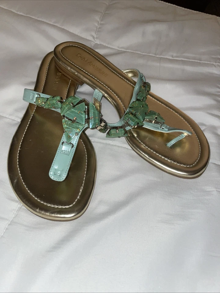 Enzo Angiolini teal Flip-Flop sandals New 8 stone, embellished, tiny rhinestones - Image 1 of 4