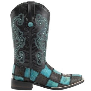 Ferrini Patchwork Embroidered Square Toe Cowboy  Mens Black, Blue Casual Boots 1 - Picture 1 of 5