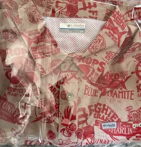 Columbia PFG Size L Fishing Theme Vented Shirt Sleeve Shirt Red On beige - Picture 1 of 7