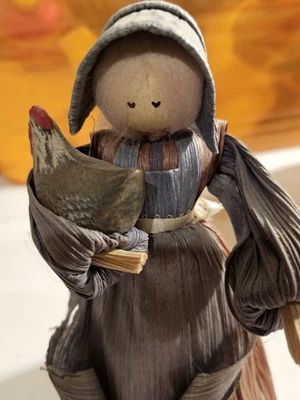 Muñeca cáscara de maíz vintage con pollo de cerámica, muñeca popular, país 6,5" de alto Foto 1 de 4