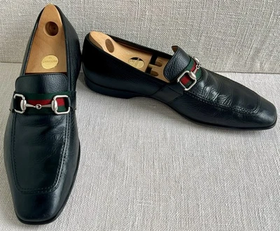 Mocasines Gucci 190004 negro tela de becerro plata mordida de caballo suela de goma G 9,5 D EE. UU. 10 Foto 1 de 4