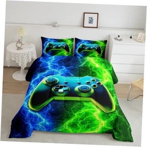 Modern Gamer Comforter Set Size, Blue-Green Lightning Gamepad Queen Gamer 01 - Picture 1 of 7