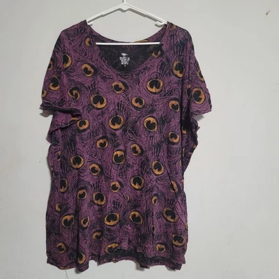Womens Purple Tee Size 2X Knit Shirt Feathers Black Gold V Neck Plus Size 4 - Image 1 of 3