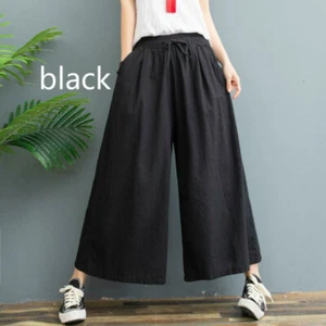 Lady Wide Leg Cotton Linen Pants Trouser Loose Oversized Retro Solid Long Black - Picture 1 of 21