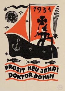O. SCHUBERT (1892-1970), Neujahrsgruß mit nautischen Elementen, 1931, Farbholzs - Picture 1 of 5