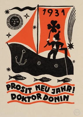 O. SCHUBERT (1892-1970), Neujahrsgruß mit nautischen Elementen,  1931, Farbholzs - Bild 1 von 4