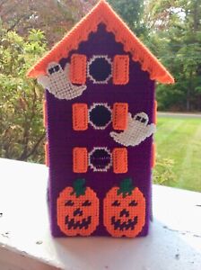Halloween House tissue box cover, handmade, needlepoint