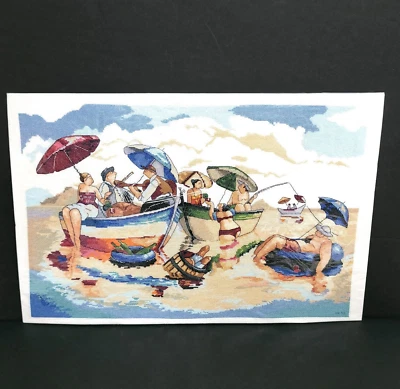 Completed Finished Cross Stitch Beach Friends Vacation Boat Guitar Violin Wine - Image 1 of 4
