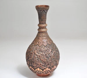 Jarrón grande de cobre persa antiguo de 13" de alto urna metalistería intrincada Oriente Medio - Imagen 1 de 10