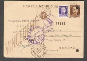 Italy 1942 WWII censor postal card Oscar Supino Milano to Dr Paul Mangold Geneva