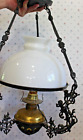 Antique Victorian Cast Iron Hanging Oil Lamp Light Electrified Milk Glass Shade