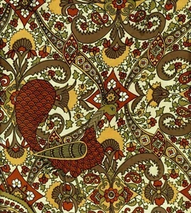 Scarf Golden Camel Peacocks Art Deco Paisley Brown Hand Rolled Painted Shanghai - Picture 1 of 6