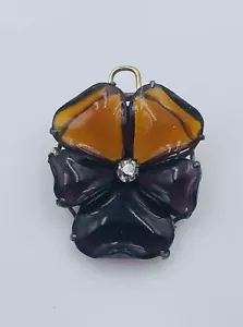 Antique Victorian Sterling Silver & Gold Diamond Glass Gripoix Pansy Flower Pin - Afbeelding 1 van 10