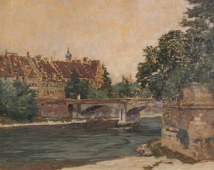 Franz GRUBER-GLEICHENBERG (1886-1940) Puente del Danubio Ulm impresionismo óleo 1919 - Imagen 1 de 11