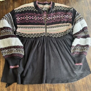 Free People S Cozy Cottage Sweater Tunic Black Multicolored Metallic Party Zip - Picture 1 of 9