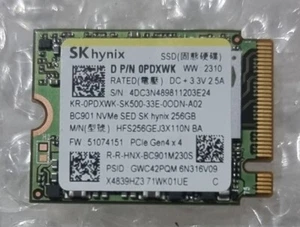 SSD SK Hynix BC901 256 GB NVMe PCIe M2 2230 HFS256GEJ3X108N BA D P/N 0K72Y5 Gen 4 - Imagen 1 de 1