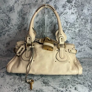 Chloe Paddington Gold Padlock Key Tote Hand Bag Leather Ivory White Cream Japan - Picture 1 of 11